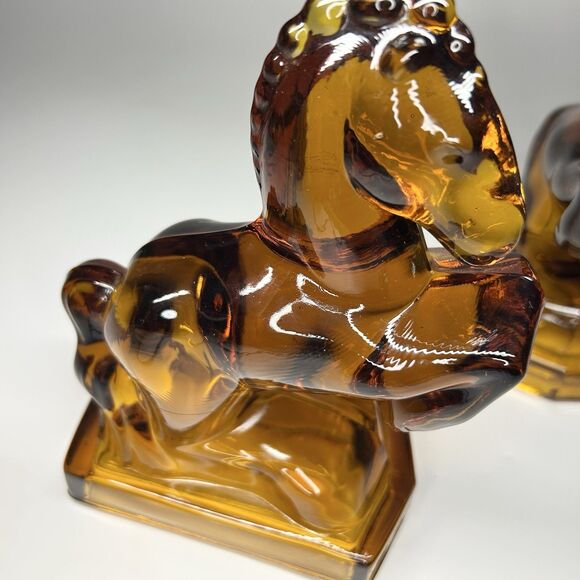 Vintage Rare L.E. Smith Amber Satin Glass Rearing Horse Bookends Pair Of 2 MCM - Picture 8 of 13